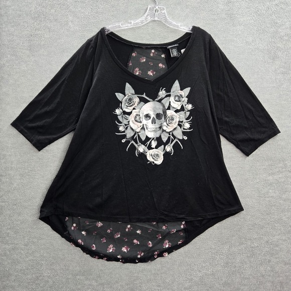 Torrid Women Top 2 Black Blouse Skull Rose Graphic Sheer Back 3/4 Sleeve - Picture 1 of 9